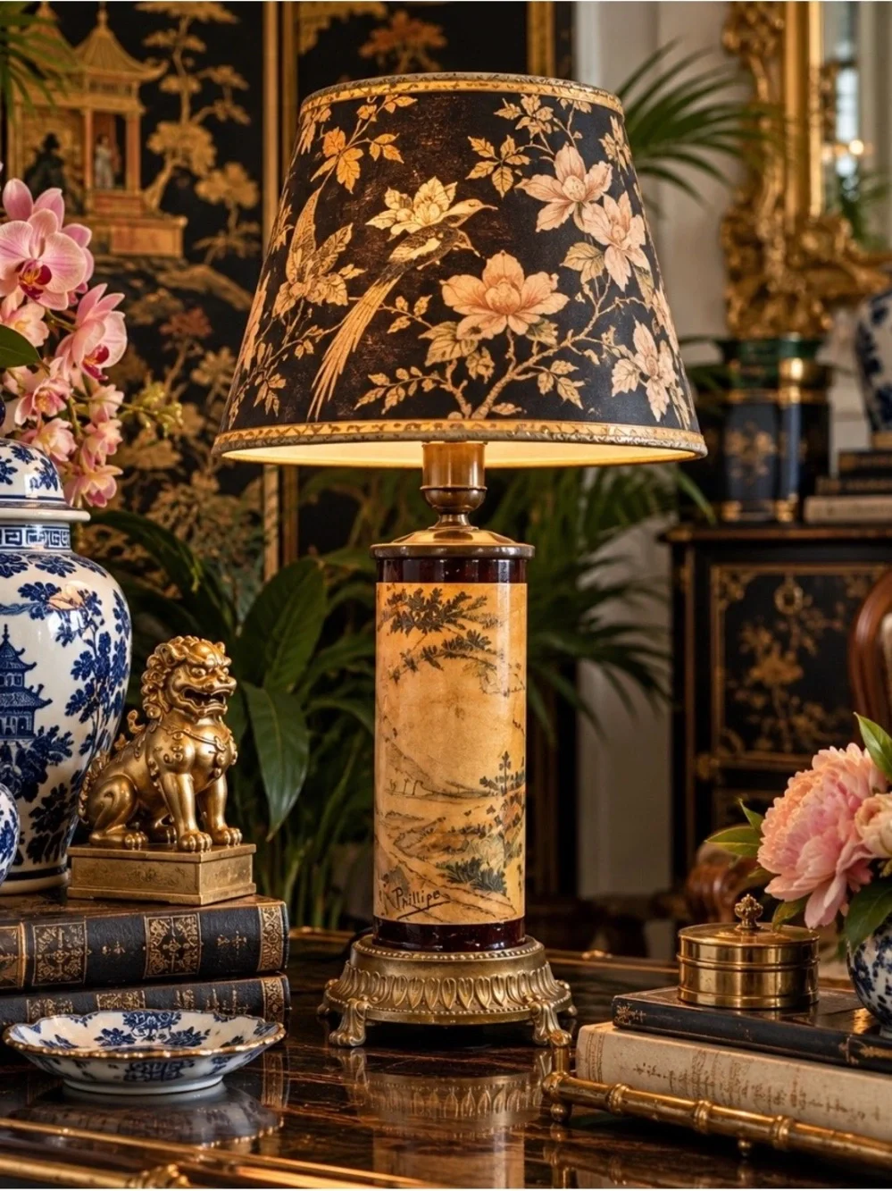 Title: Vintage Phillipe Pastoral Scene Cylinder Table Lamp Gold Tone